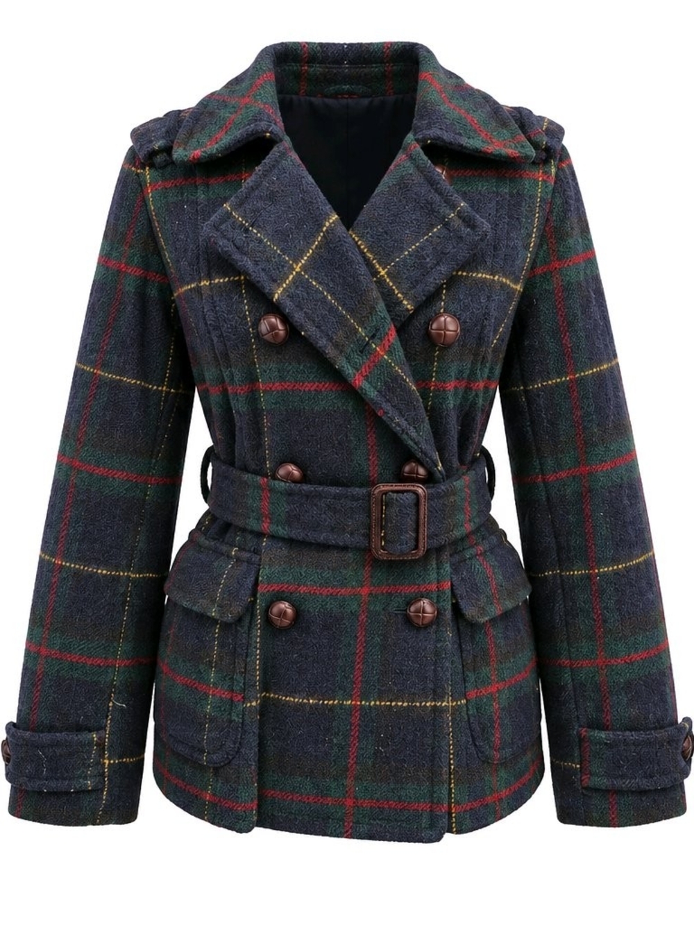 American Eagle Y2K Wool-Blend Tartan Plaid Belted Peacoat – Navy Green Red.